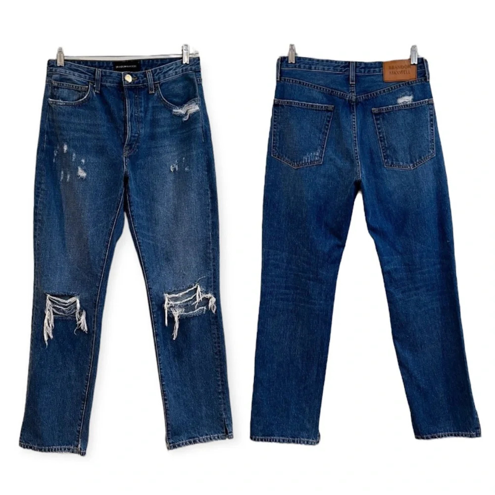 Brandon Maxwell Boyfriend Distressed Straight Leg Designer Denim Jeans 29
